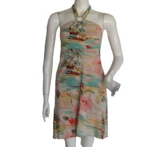 TOMMY BAHAMA Halter Dress, S, Beach/Island Print Hibiscus/Palm Trees, Multicolor